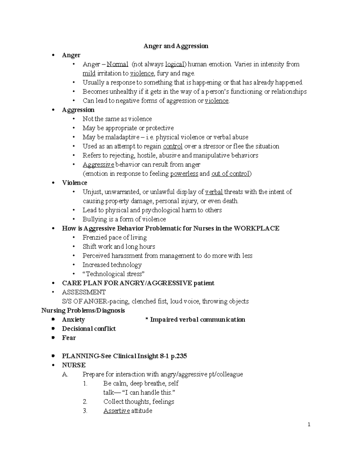 Aggression Lecture Notes - **Anger And Aggression Anger** Anger ...