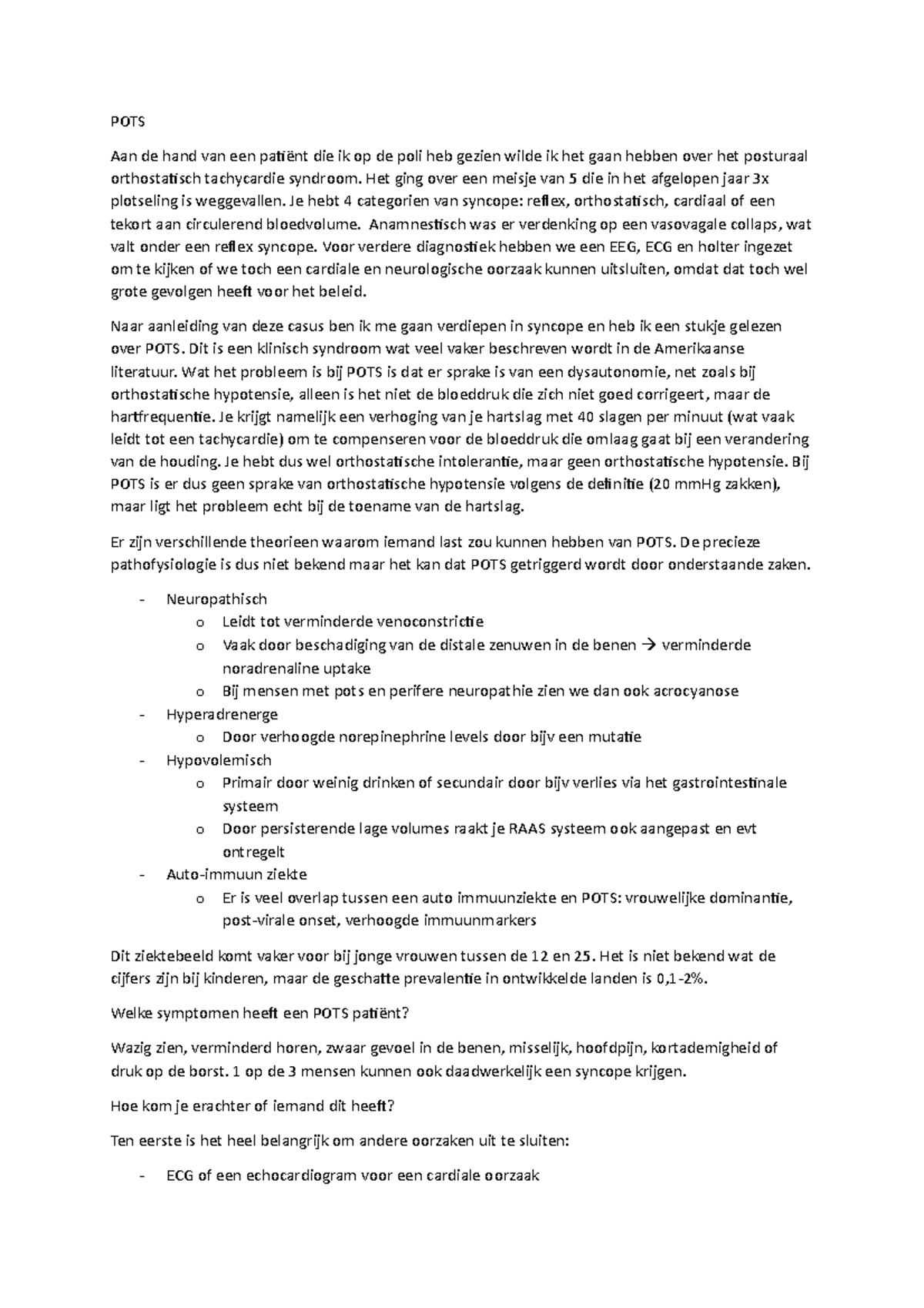 POTS Een korte presentatie over POTS. Posturaal orthostatisch tachycardie syndroom. POTS Aan