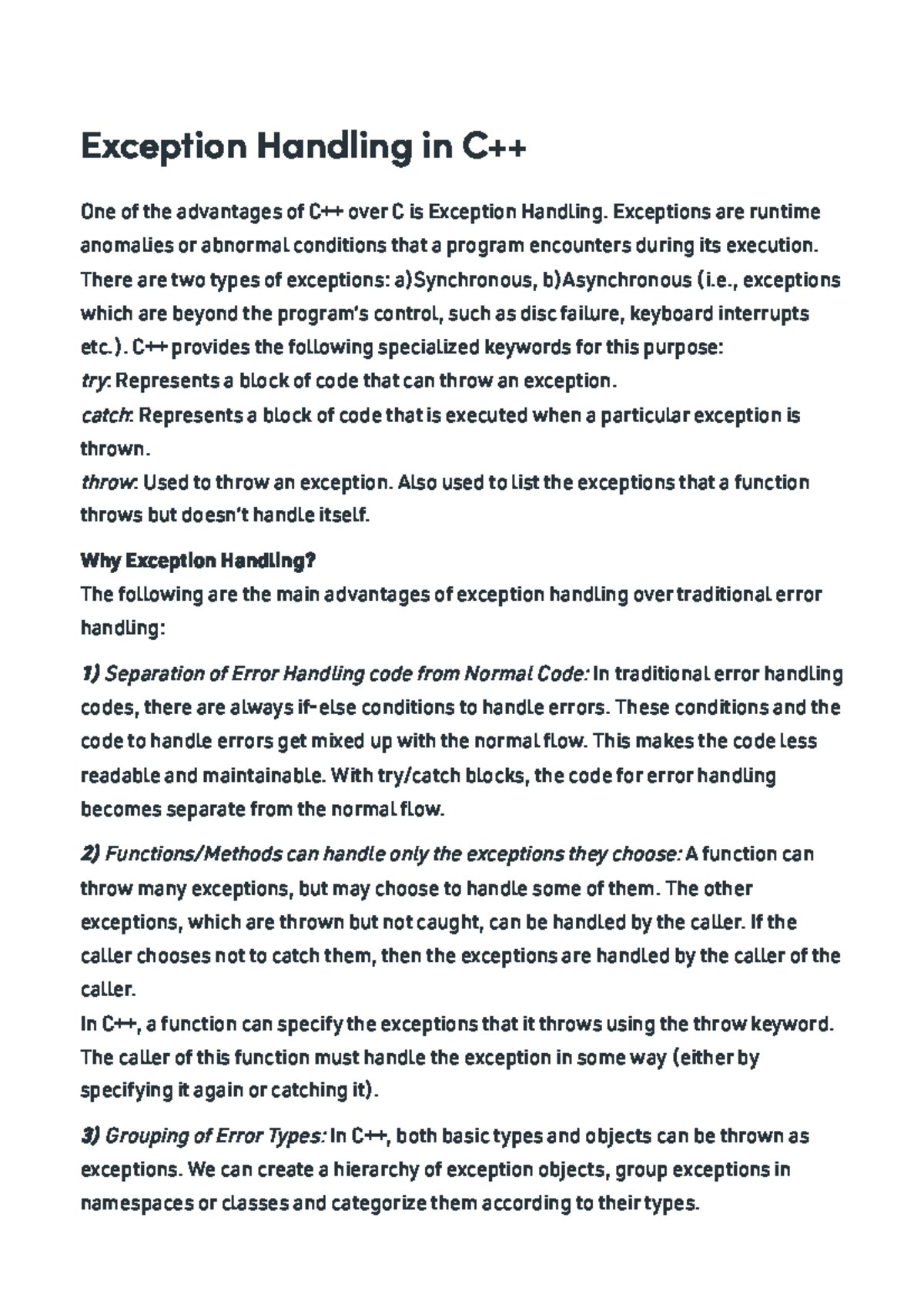 [08] Exception Handling - One of the advantages of C++ over C is ...