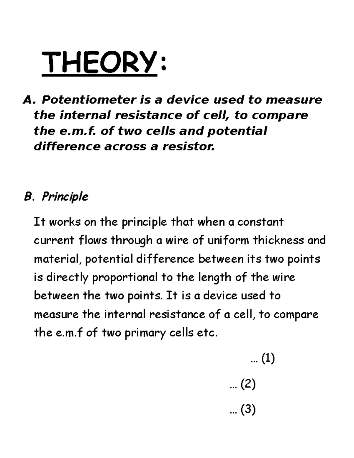 Physics investigatory project THEORY A. Potentiometer is a device