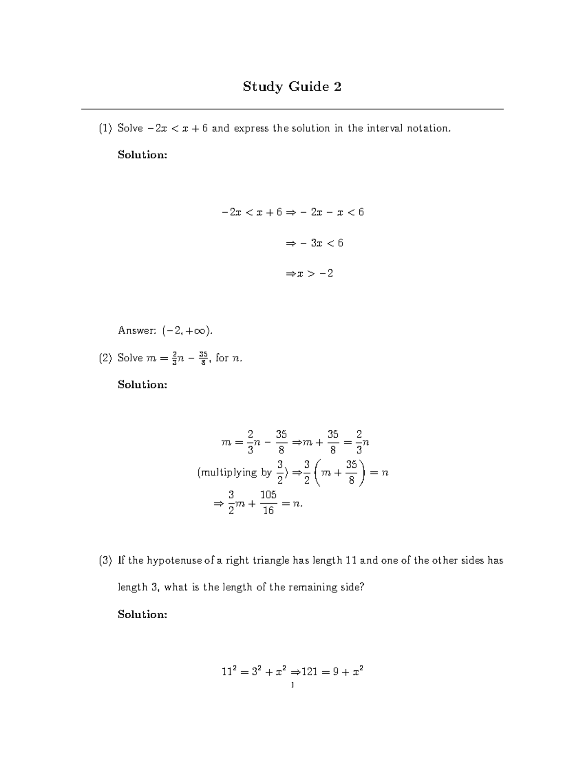 Studyguide 6 - Inequalities - Study Guide 2 (1) Solve − 2 X