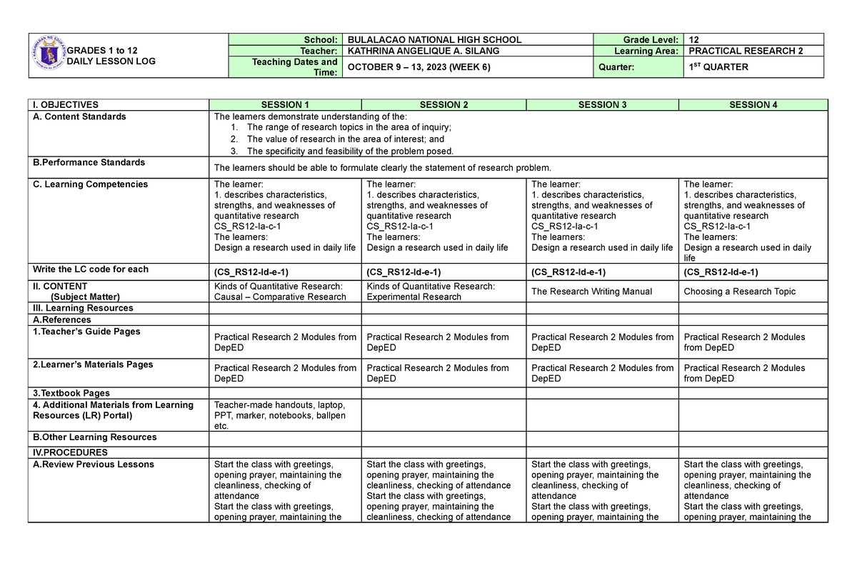 DLL PR2 Q1 W6 - Reality Based Daily Lesson Log In Practical Research 2 ...