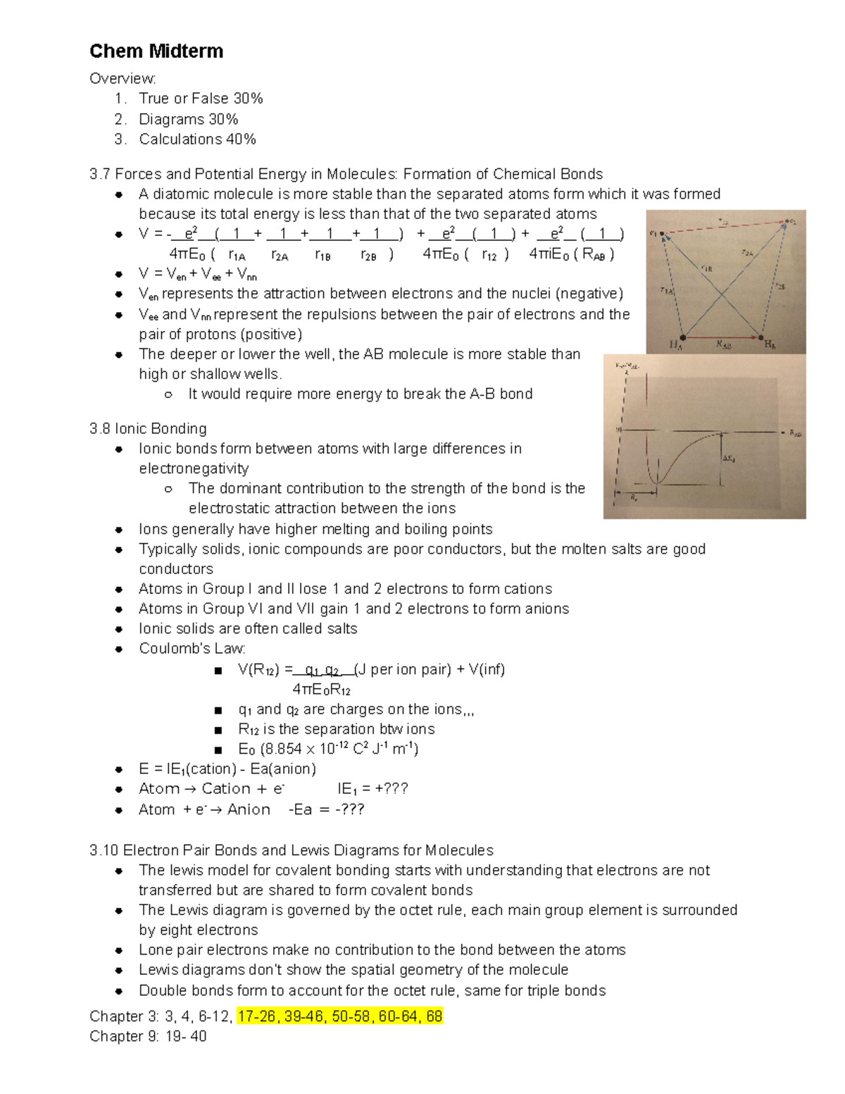 Midterm 2 - Chem Midterm Overview: 1. True or False 30% 2. Diagrams 30% ...
