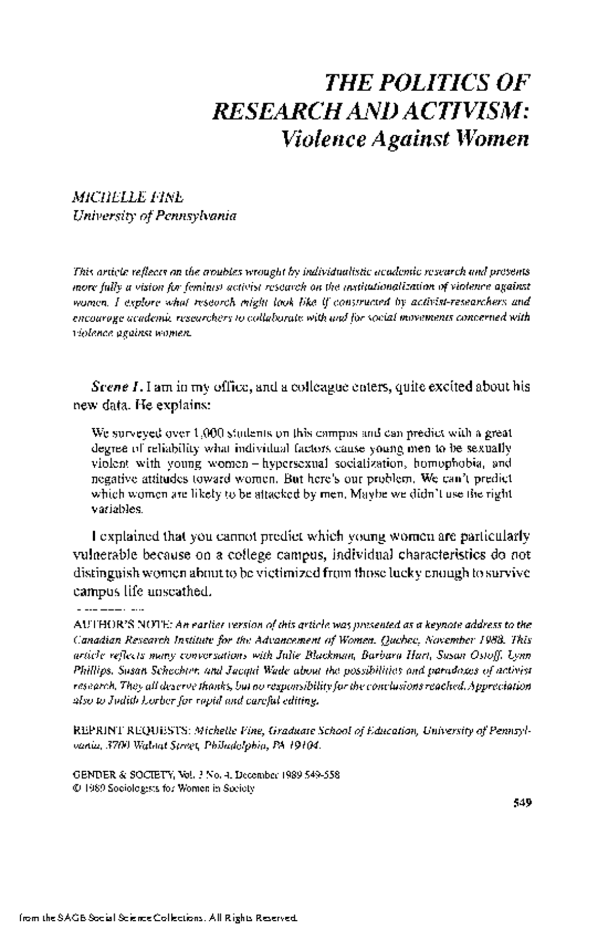 Fine 1989 the politics of research and activism violence against women ...