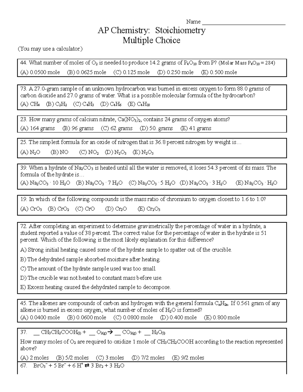 Unit 8 - Stoichiometry (AP MC) - Name ____________________________ AP ...