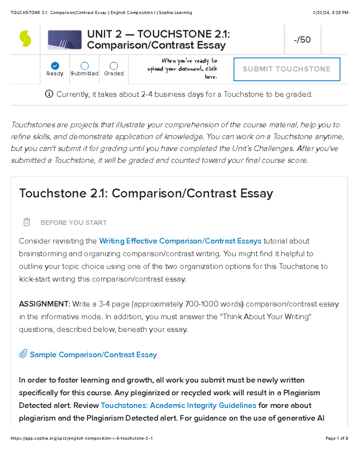 Touchstone 2.1 Comparison Contrast Essay English Composition I Sophia ...