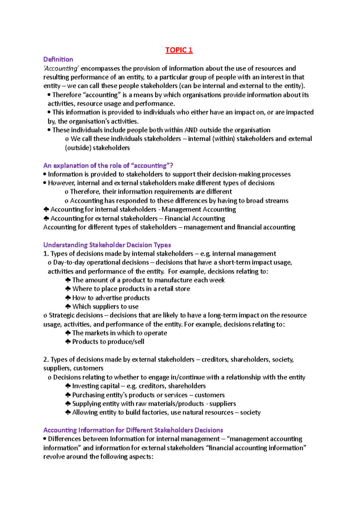 Class notes - Week 1 - TOPIC 1 Definition ‘Accounting’ encompasses the