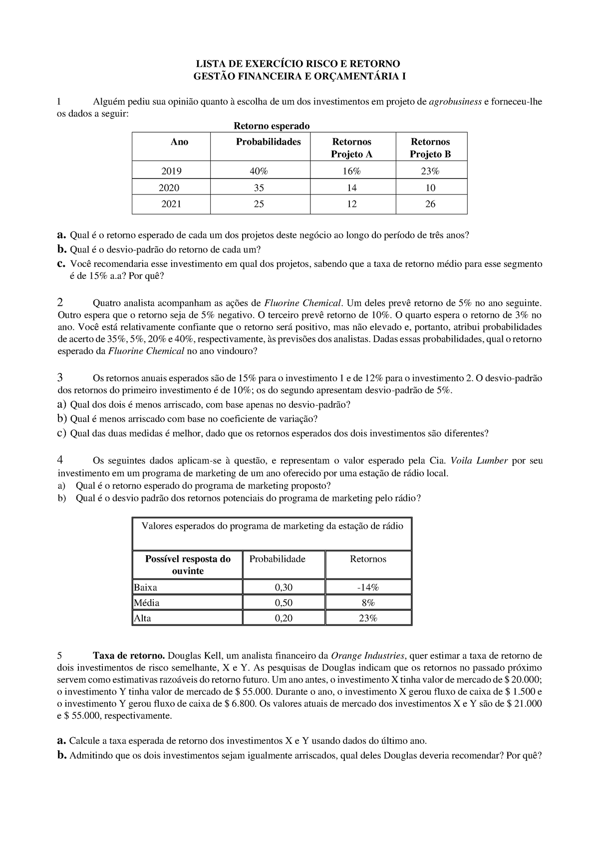 Lista DE Exerc CIO Risco E Retorno GFO I - LISTA DE EXERCÍCIO RISCO E ...