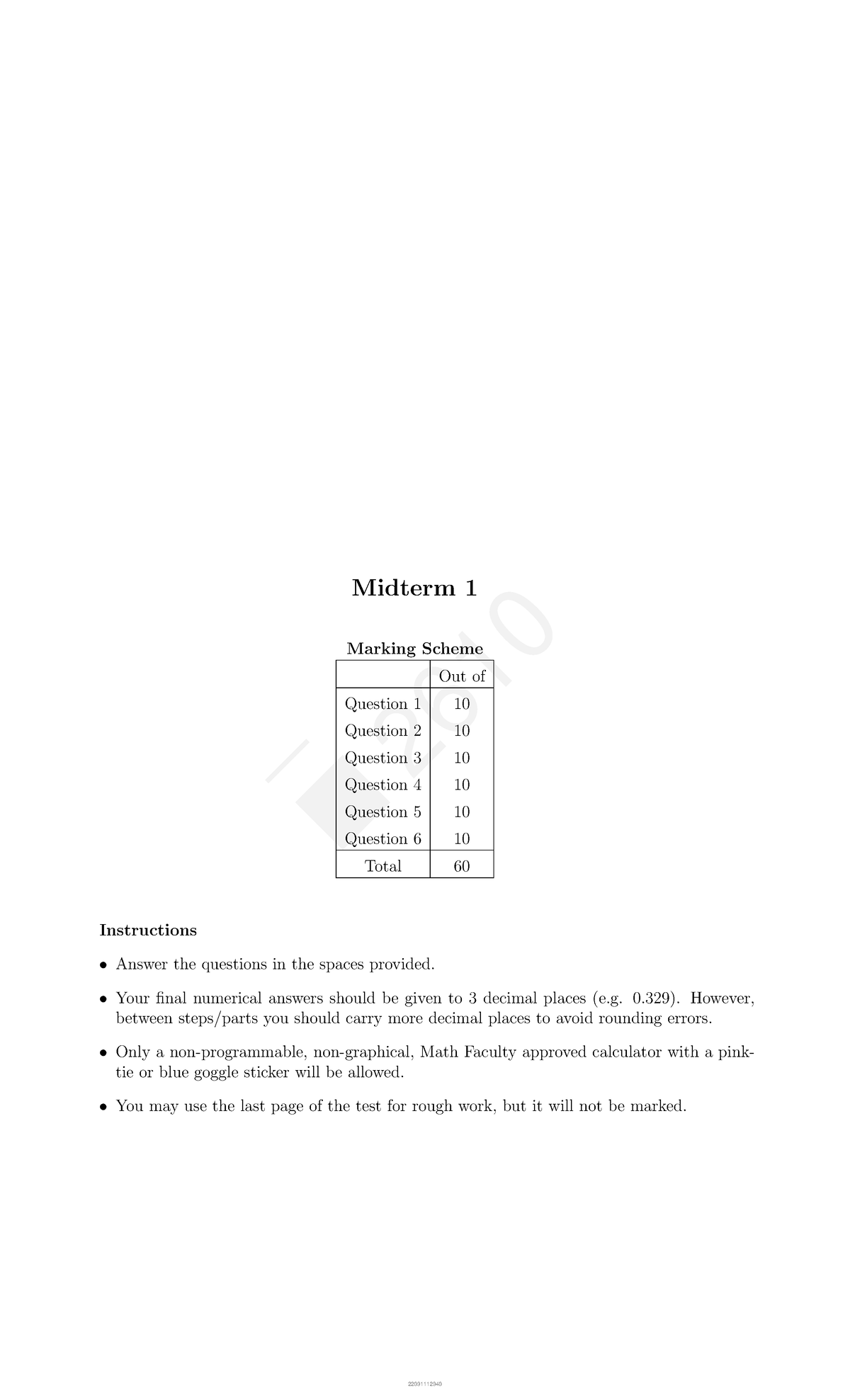 Practice Exam 1 Note - Midterm 1 Marking Scheme Out of Question 1 10 ...