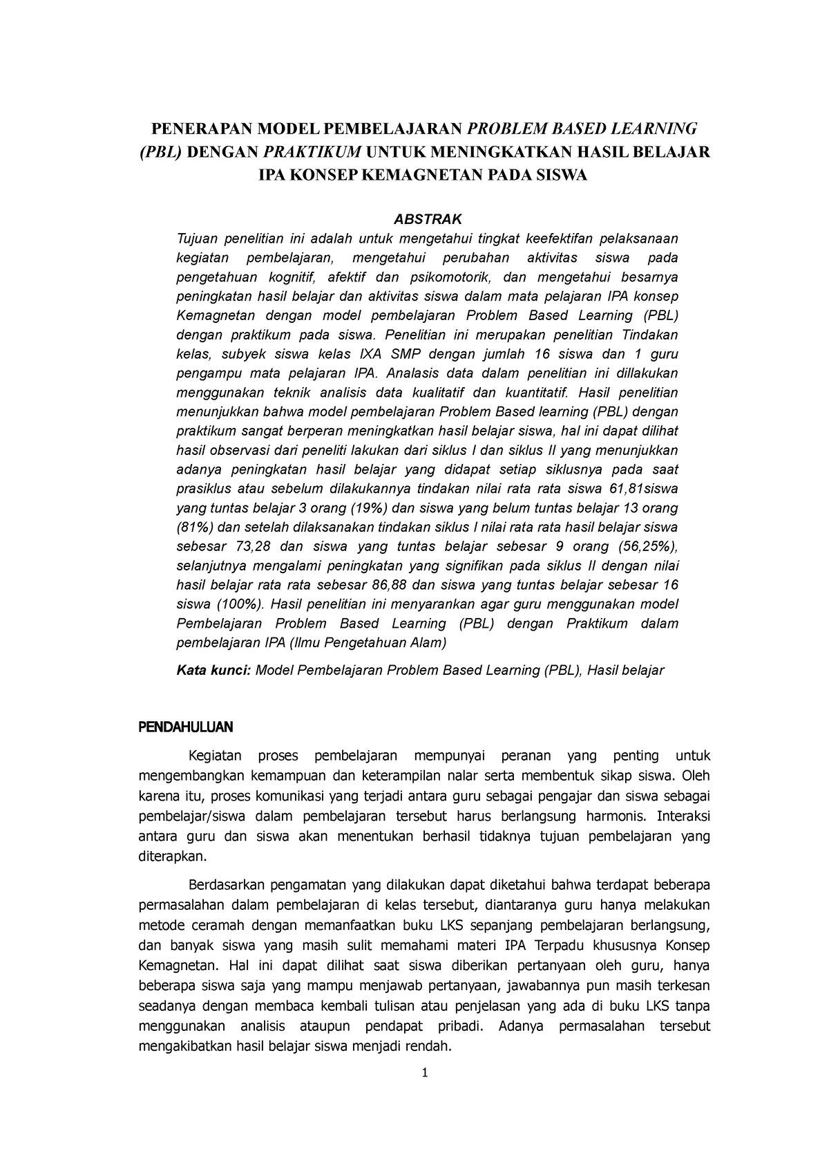 Penerapan Model Pembelajaran Problem Based Learning (PBL) Dengan ...