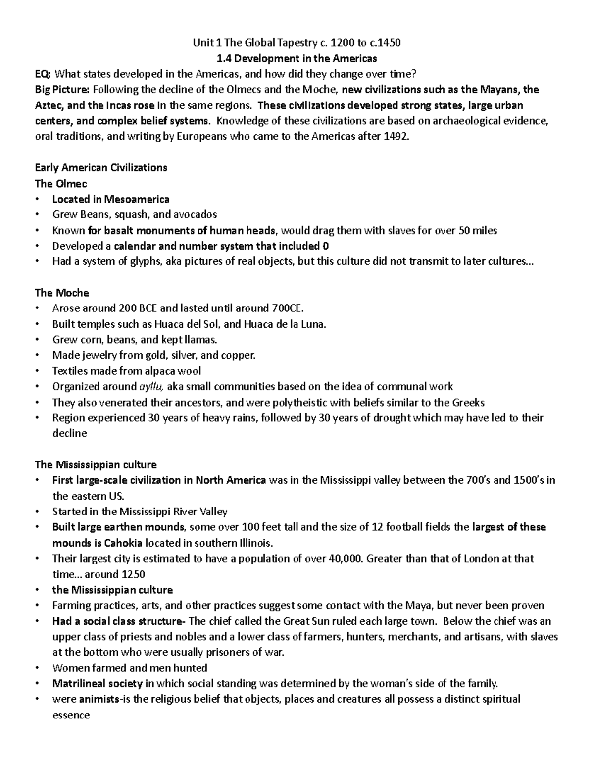 1.4 Notes Information Unit 1 The Global Tapestry c. 1200 to c. 1