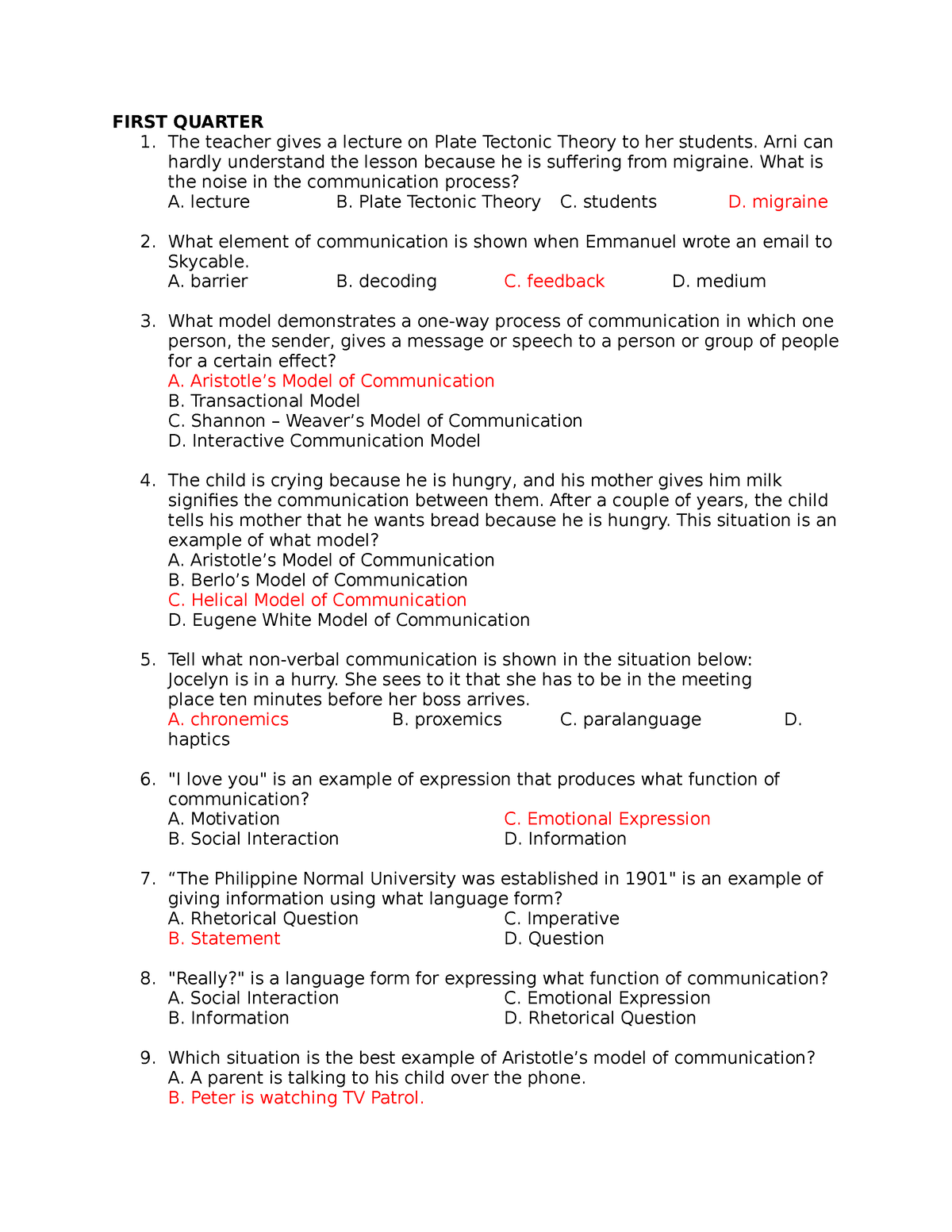 ORAL COM Testpaper 20 Item Test For Oral Communication Grade 11 