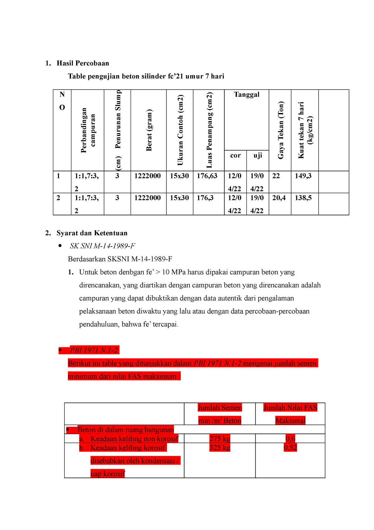 KUAT Tekan Beton - 1. Hasil Percobaan Table Pengujian Beton Silinder Fc ...