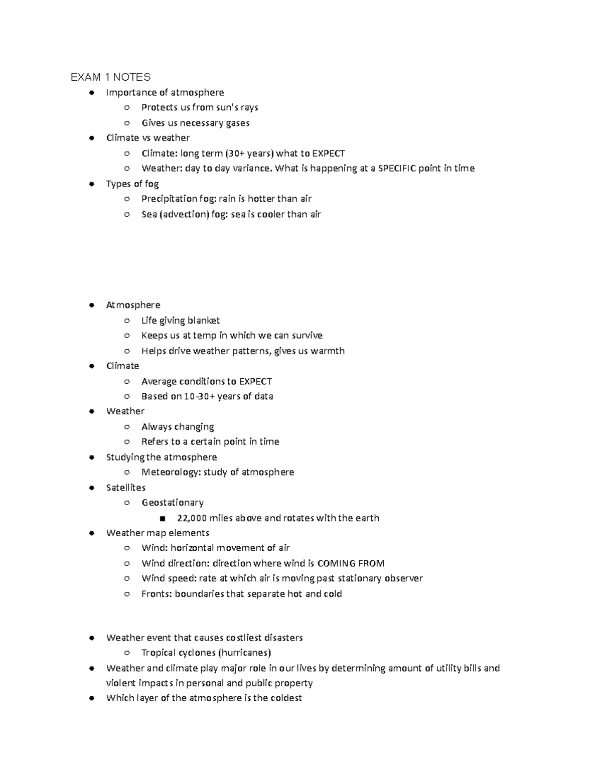 ATMO 201 exam 1 notes EXAM 1 NOTES Importance of atmosphere Protects