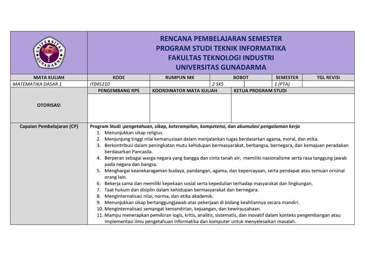 IT-045210 - Matematika - RENCANA PEMBELAJARAN SEMESTER PROGRAM STUDI ...