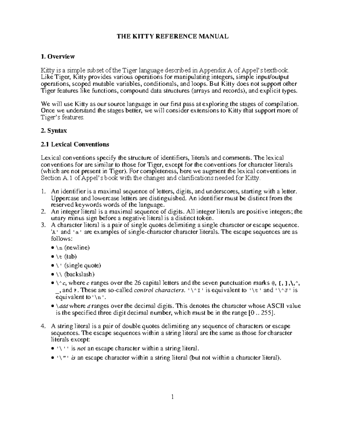 7-Kitty - KittyLang - THE KITTY REFERENCE MANUAL 1. Overview Kitty is a ...