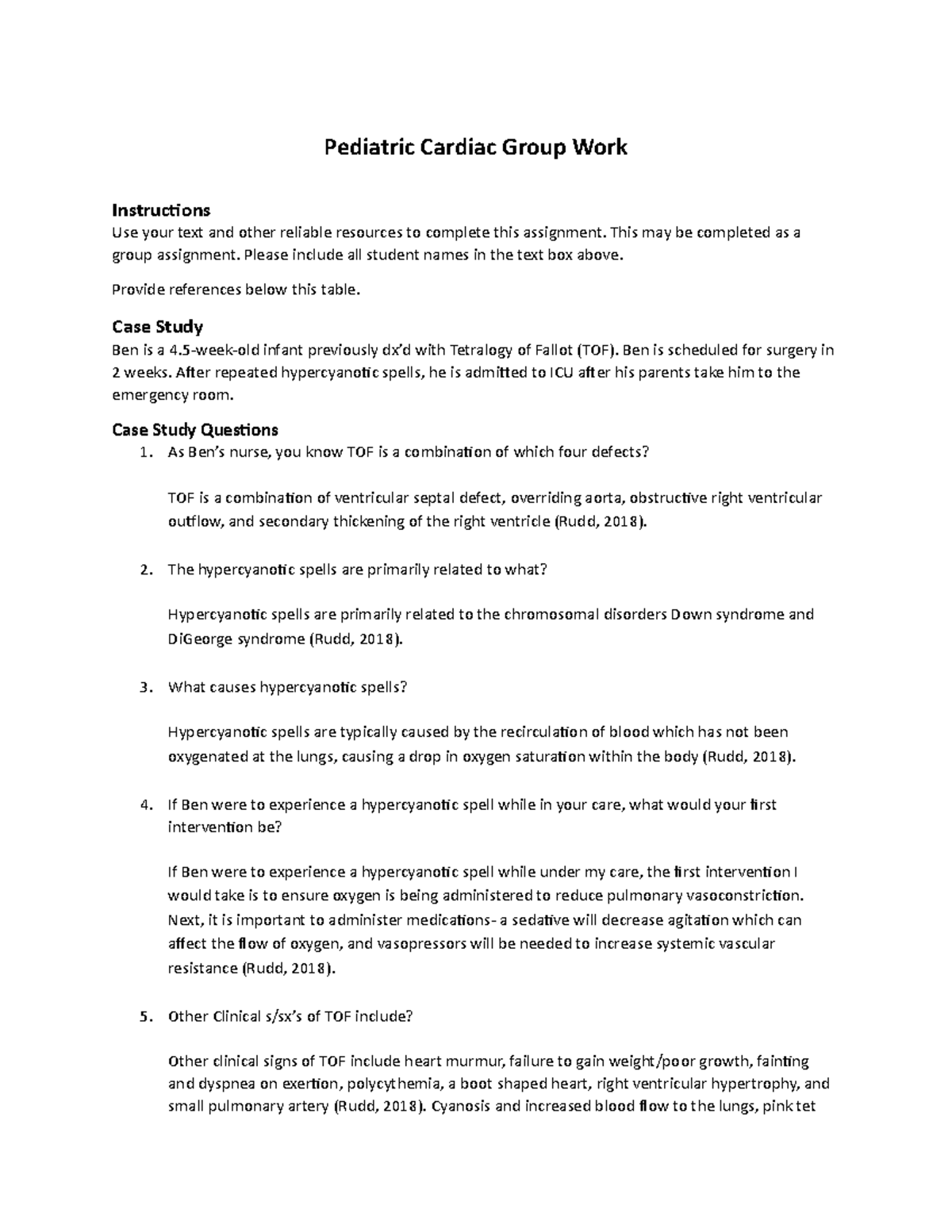NUR418 Pediatric Cardiac Work - Pediatric Cardiac Group Work ...