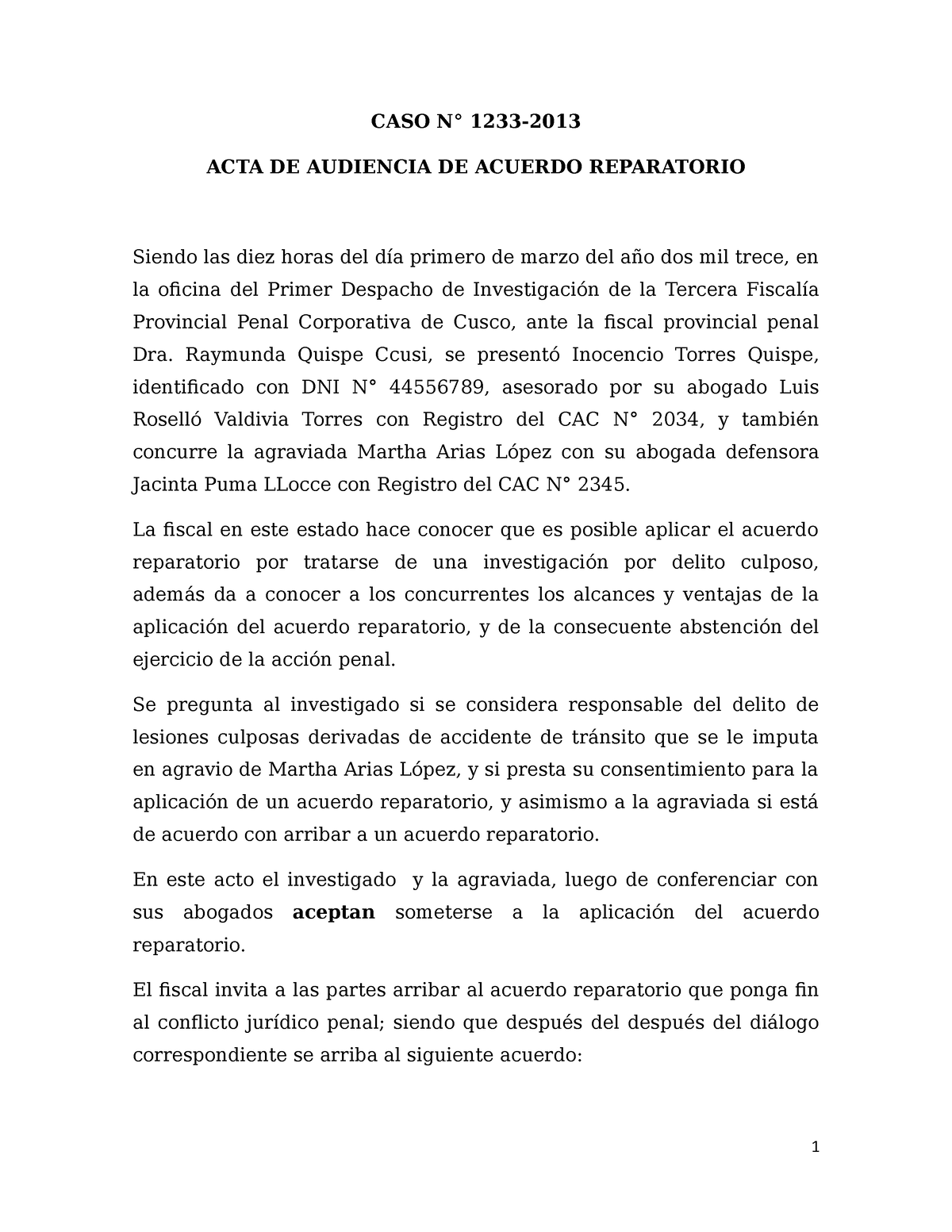 Modelo DE ACTA DE Acuerdo PARA LA Aplicacion DE Acuerdo Reparatorio - CASO  N° 1233- ACTA DE - Studocu