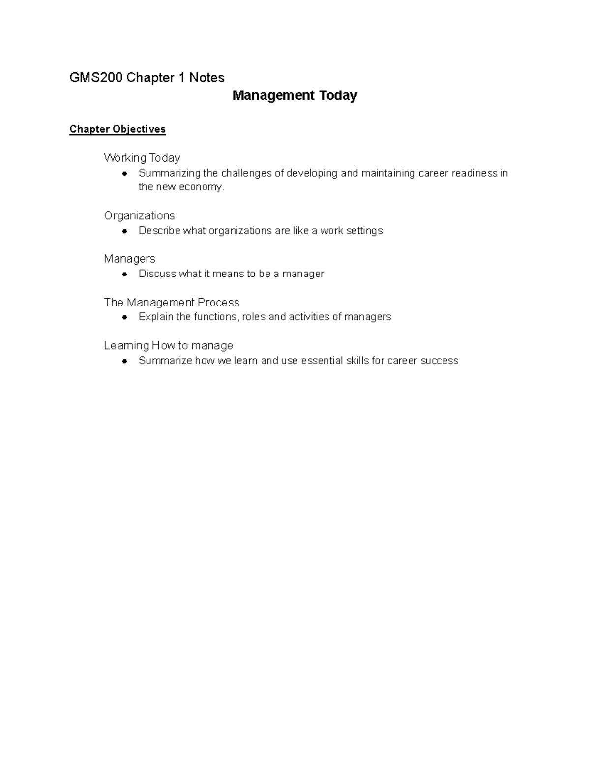 Chapter 1 textbook - lec notes - GMS200 Chapter 1 Notes Management ...