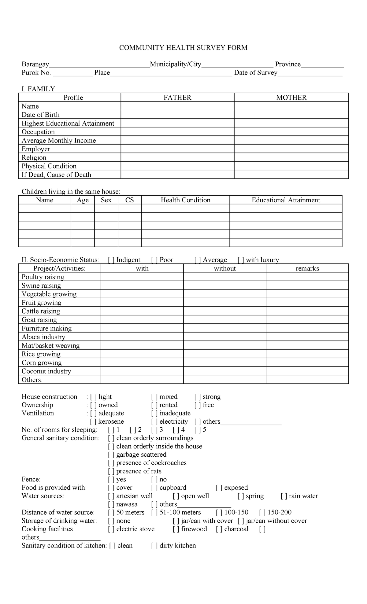 Community Health Survey FORM - COMMUNITY HEALTH SURVEY FORM - Studocu