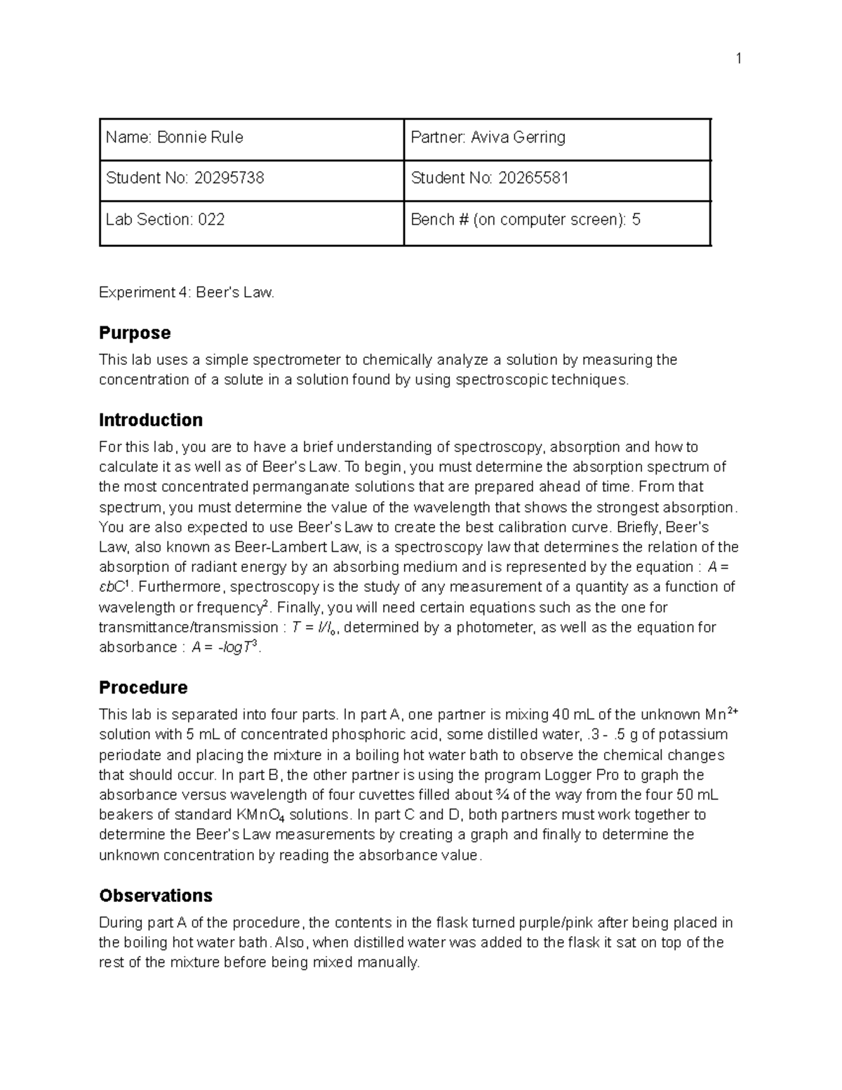 Beer's Law, experiment 4 - Name: Bonnie Rule Partner: Aviva Gerring ...