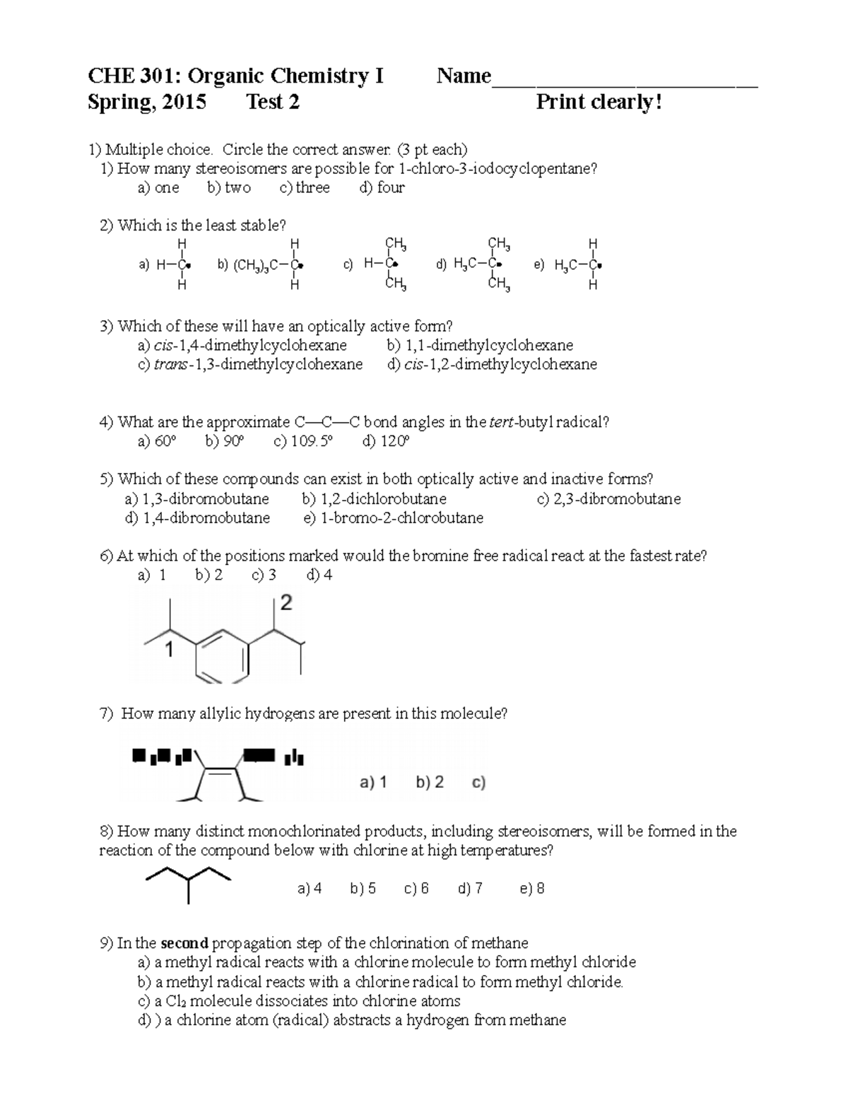 Spring, 2015 Test 2 - prof baker vcu chem 301 practice/sample test from ...