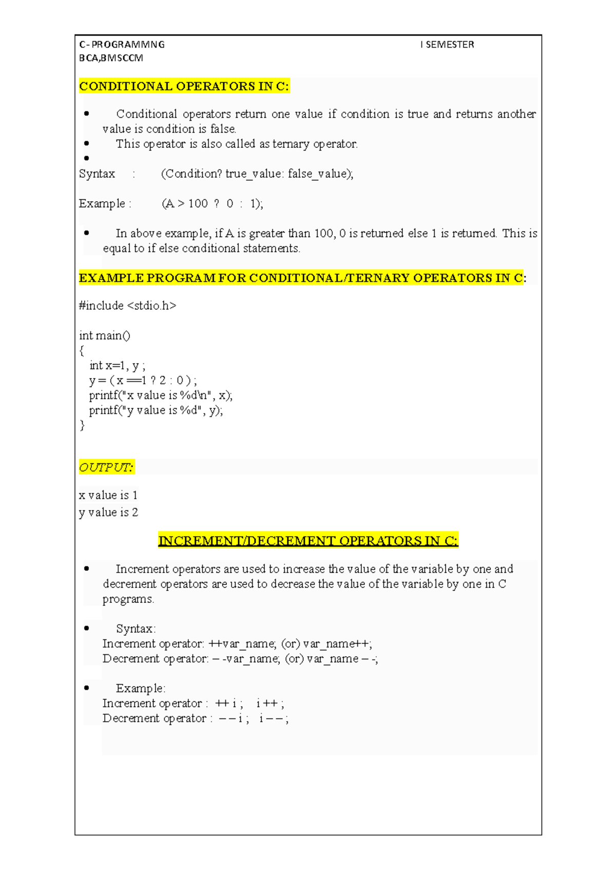 C Programming Notes 04 - .... - BCA,BMSCCM CONDITIONAL OPERATORS IN C ...