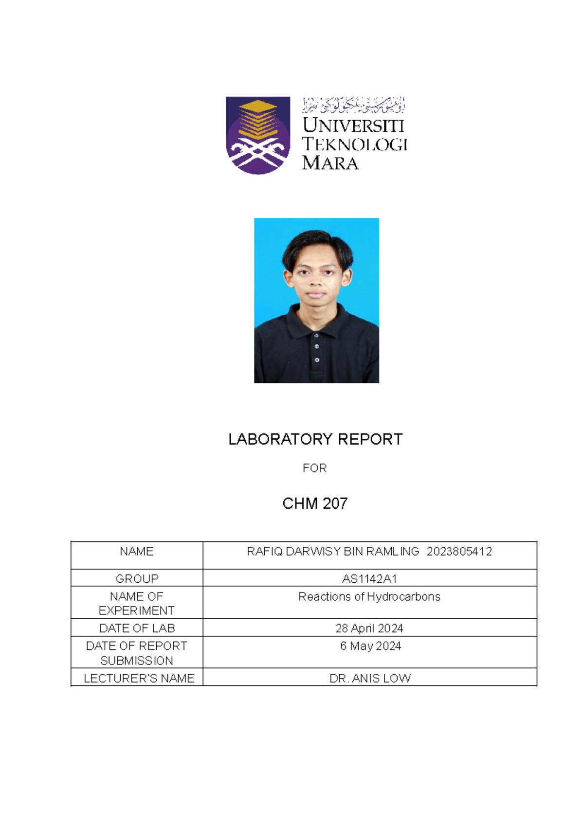 EXP 4 Org pdf - org exp 4 - LABORATORY REPORT FOR CHM 207 NAME RAFIQ ...