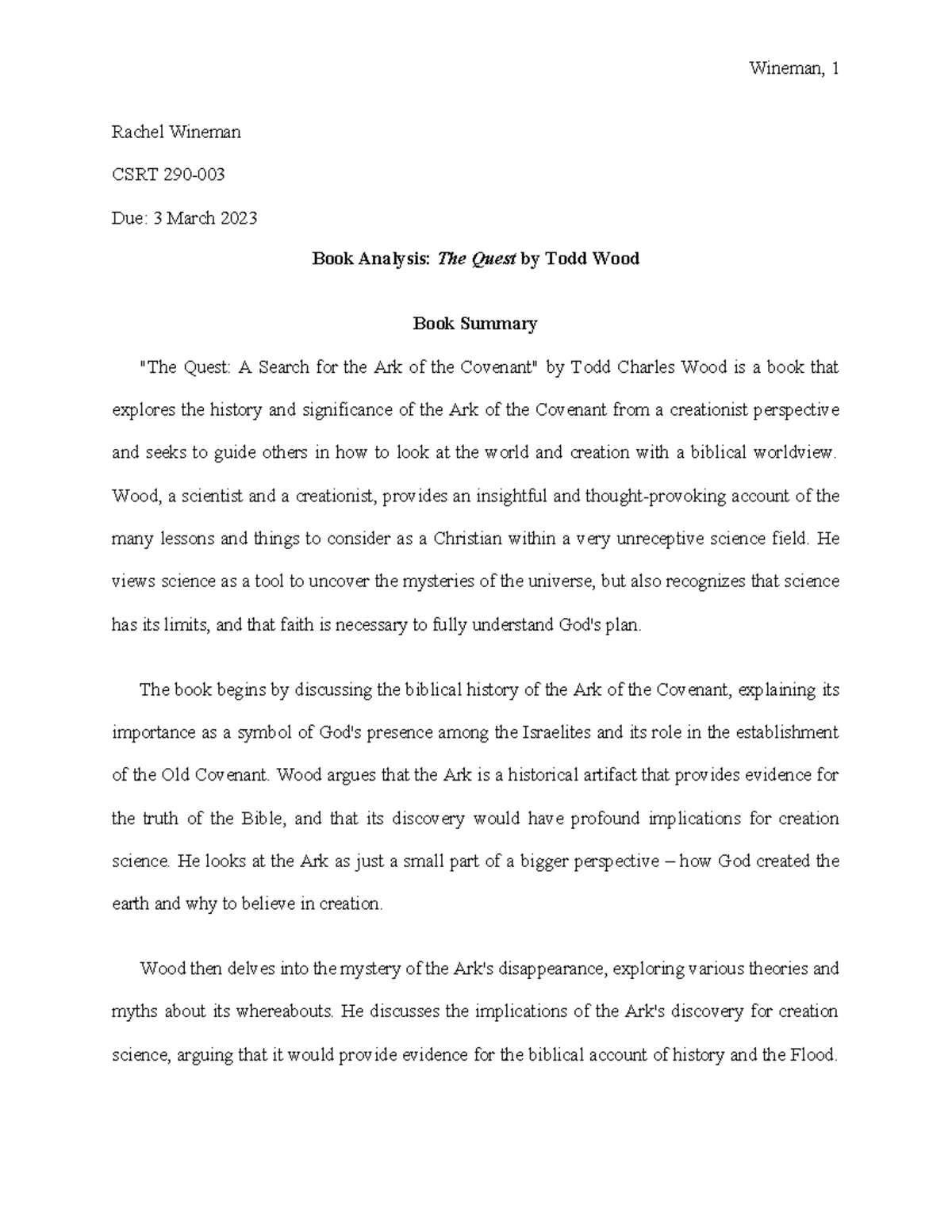 The Quest Book Review - student example - Rachel Wineman CSRT 290- Due ...