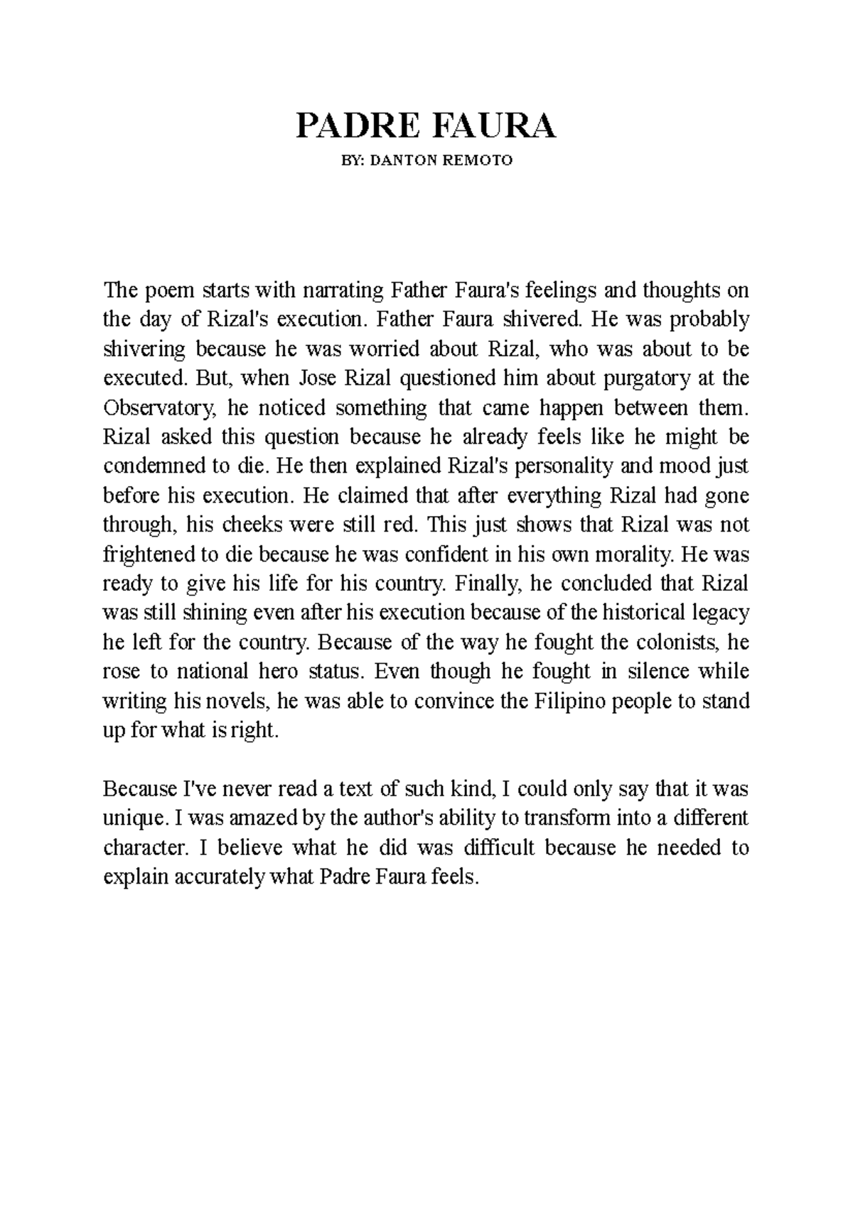 Padre Faura PADRE FAURA BY DANTON REMOTO The poem starts with