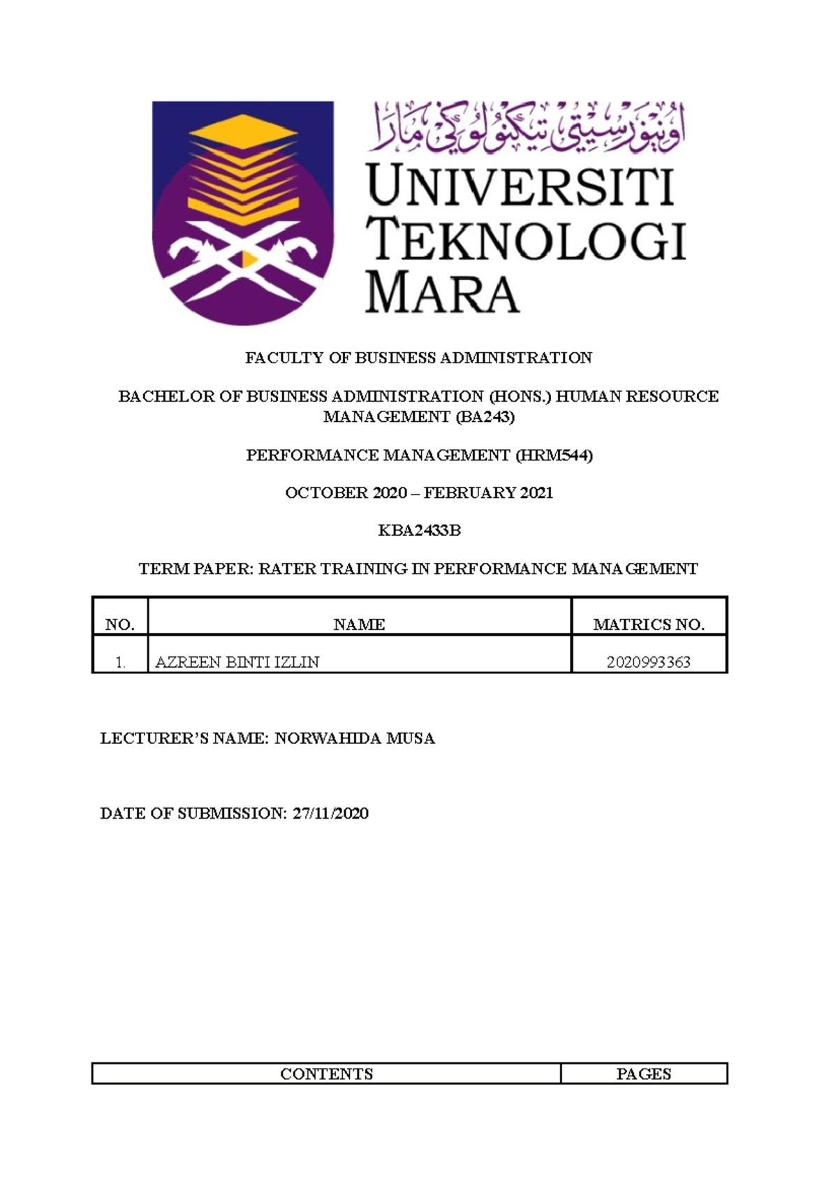 Rater Training in Performance Management (HRM544) - UiTM - Studocu