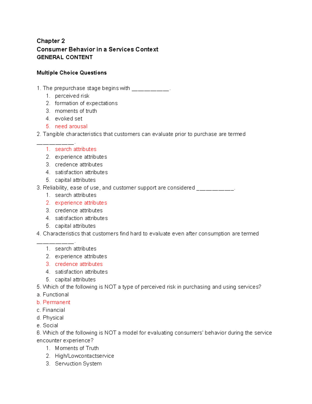 Question Bank Service Marketing - Chapter 2 Consumer Behavior in a ...