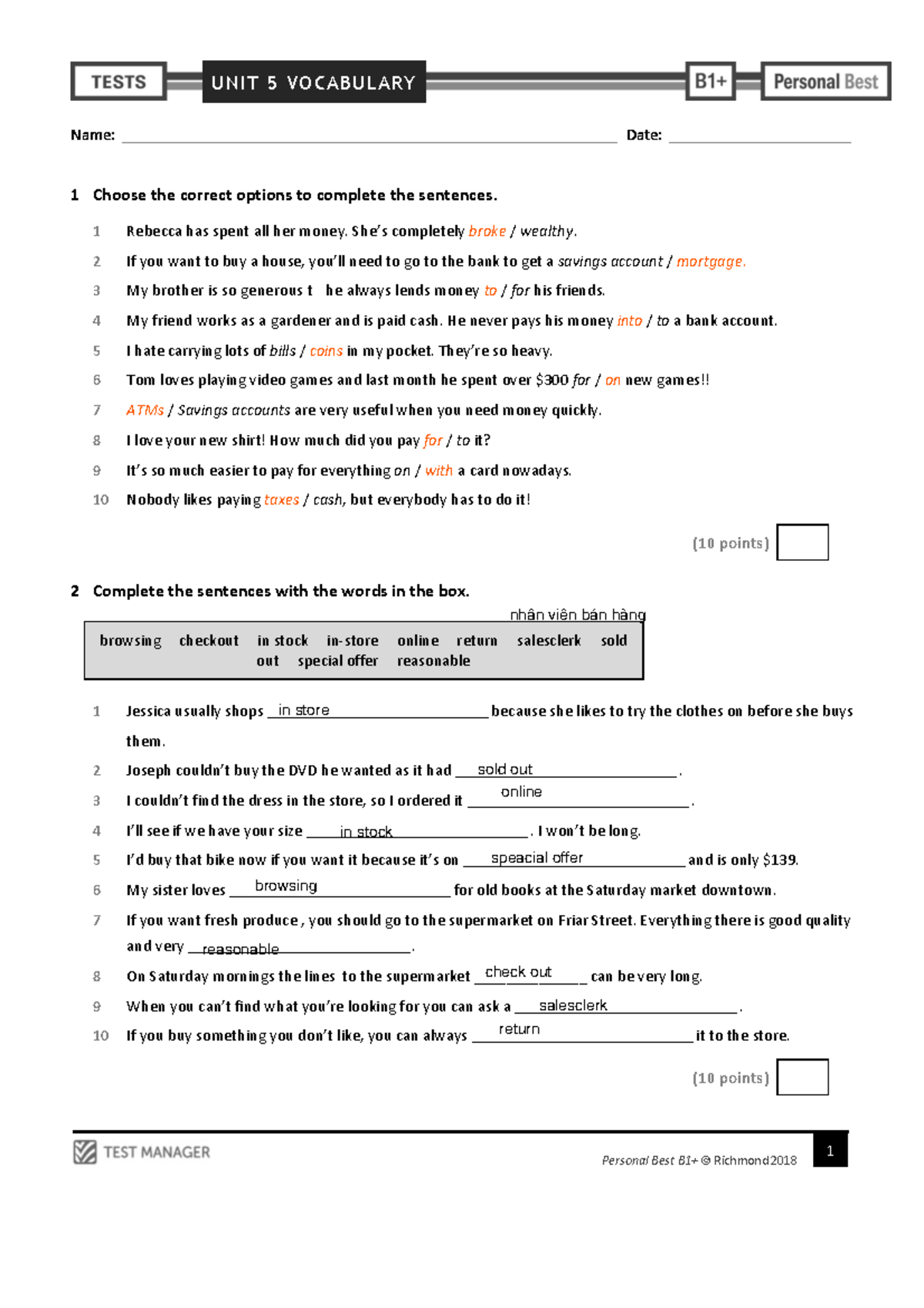 643120817 Unit 5 Vocab test - UNIT 5 VOCABULARY 1 Personal Best B1 ...
