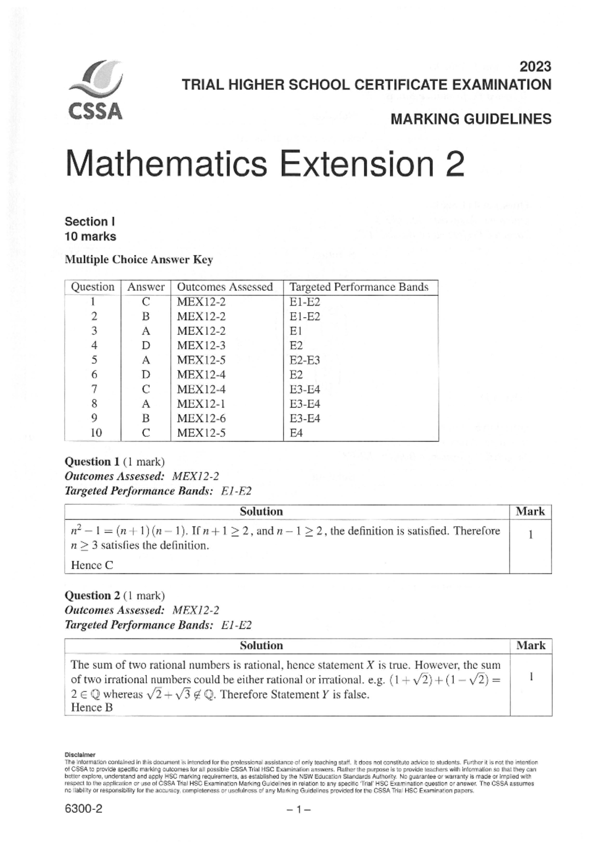 2023 CSSA Mathematics X2 Trial HSC - solns - 2023 TRIAL HIGHER SCHOOL ...