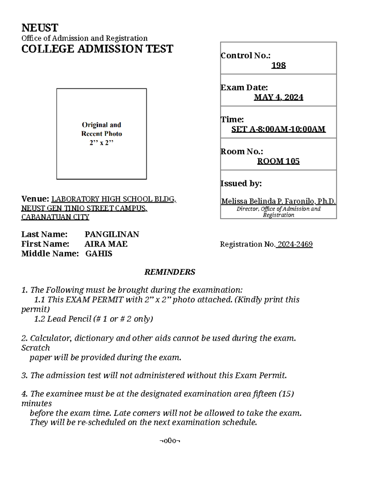 Neust (permit) - reviewer please - NEUST Control No.: 198 Exam Date ...