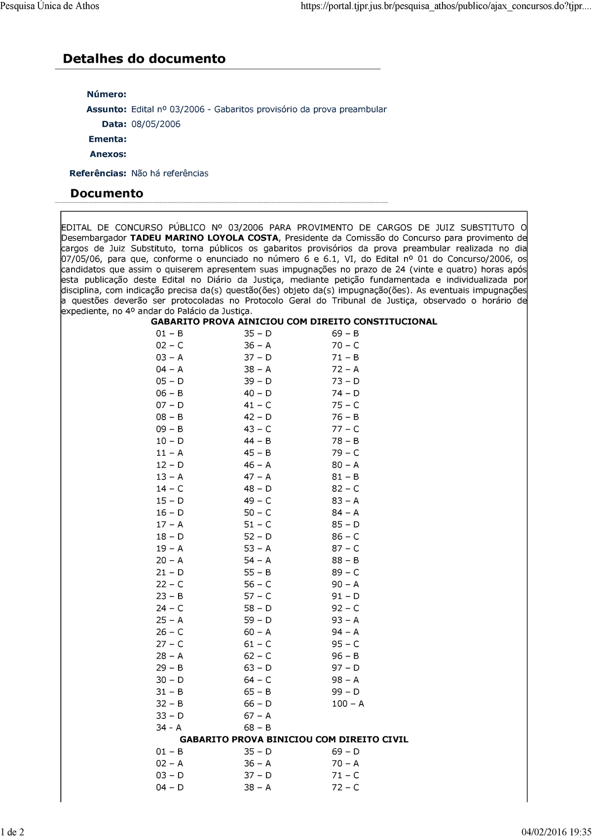 Gabarito Dos Cadernos De Prova A E B - Detalhes Do Documento Número ...