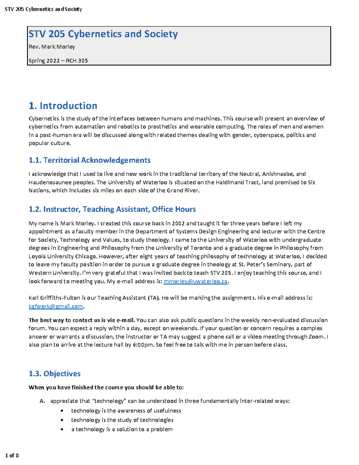 STV 205 S22 Syllabus STV 205 and Society Rev. Mark Morley