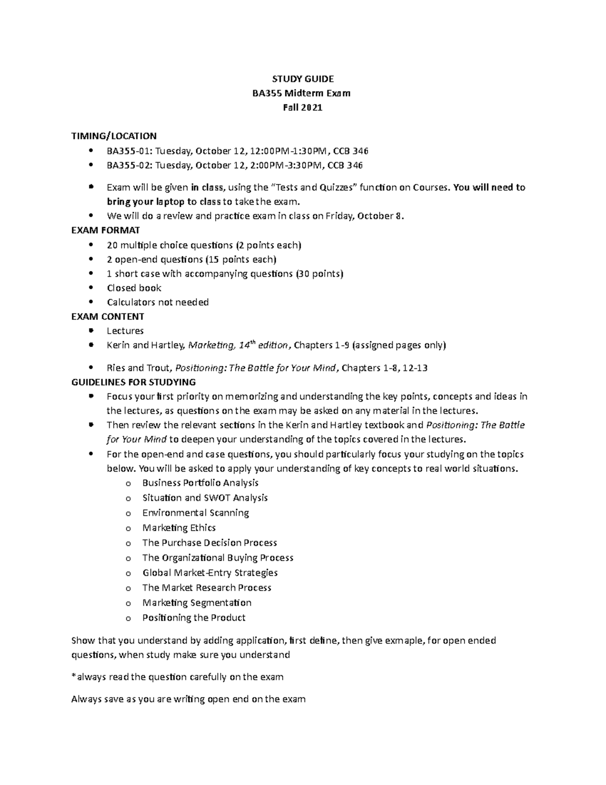 Midterm Exam Study Guide BA355 Fall 2021 - STUDY GUIDE BA355 Midterm ...