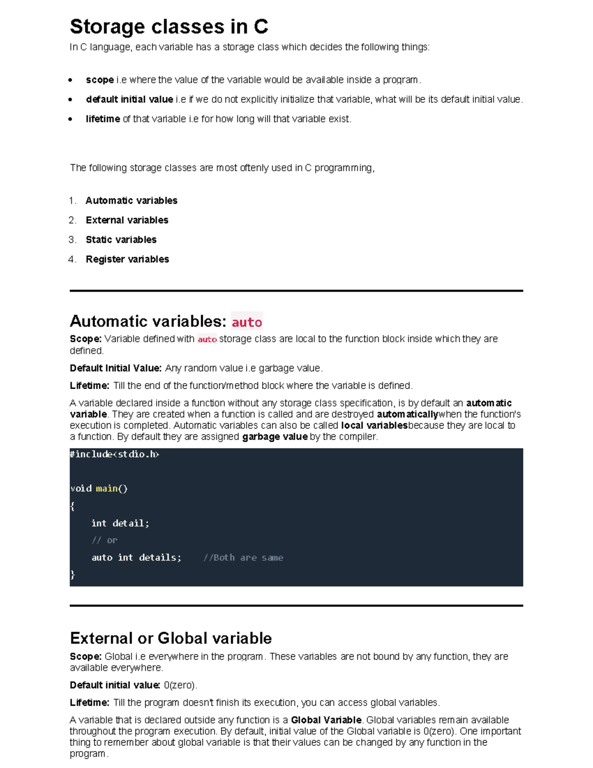 Storage classes in C - Lecture notes 26-28 - Storage classes in C In C ...