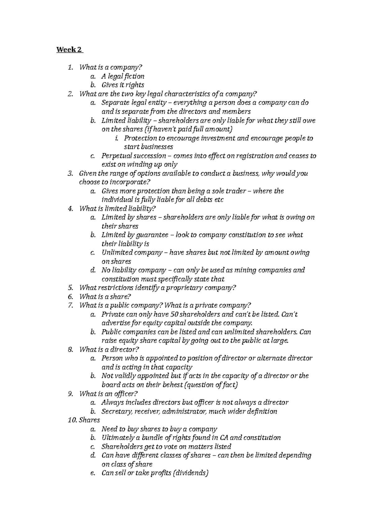 Tutorial Questions - Week 2 1. What is a company? a. A legal fiction b ...