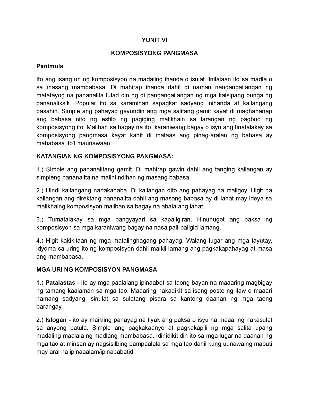 Modyul-6- Retorika - Goodluck - YUNIT VI KOMPOSISYONG PANGMASA Panimula ...