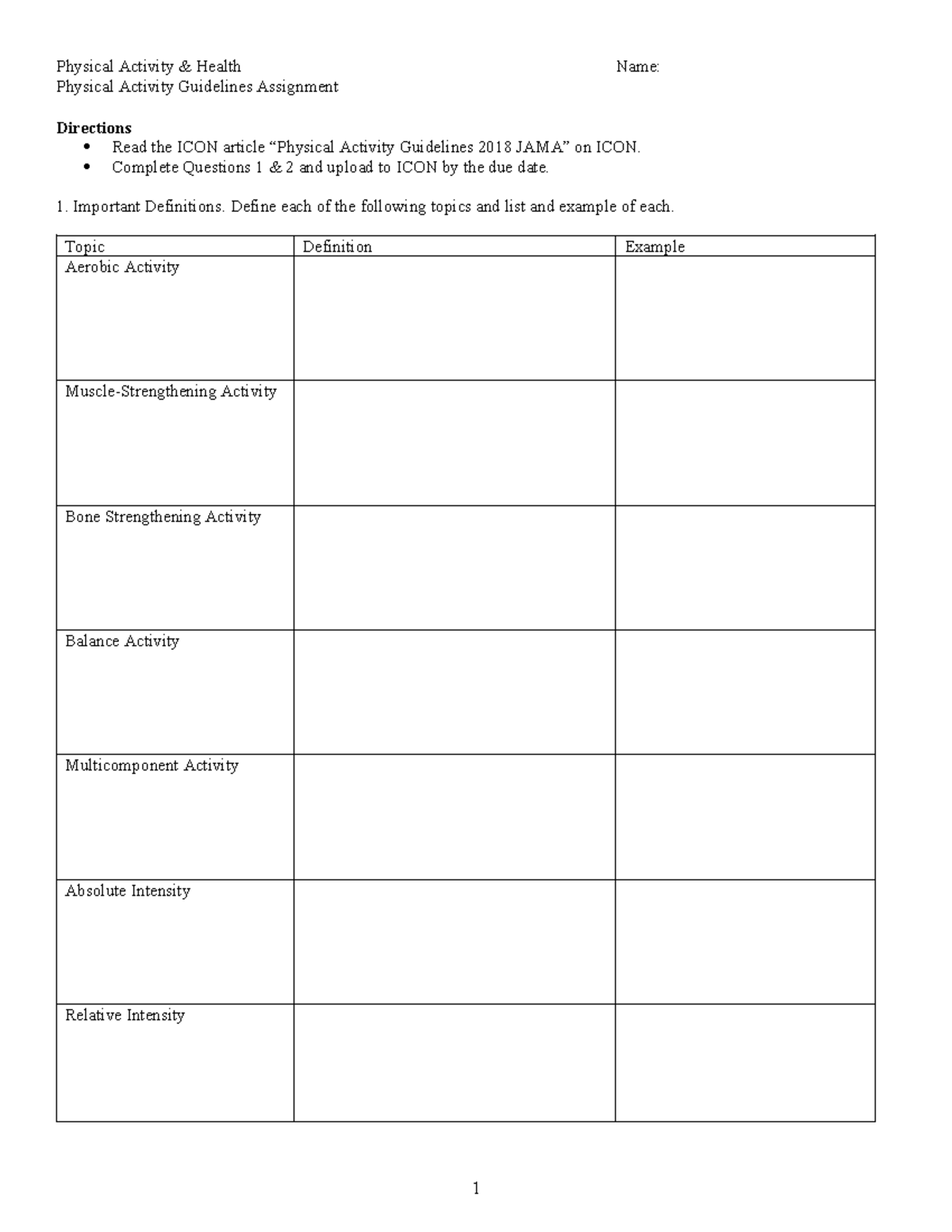 Assignment PA Guidelines Worksheets - Physical Activity & Health Name ...