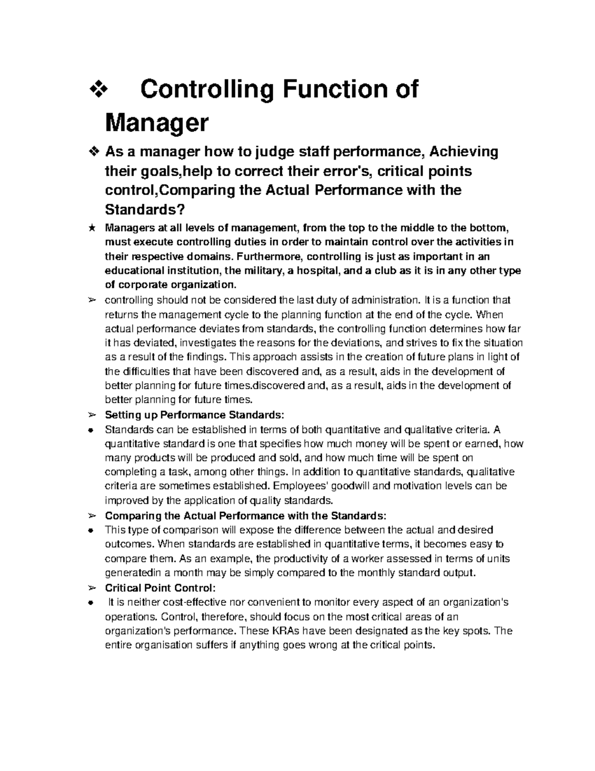 Management assignment 1 - Controlling Function of Manager As a manager ...