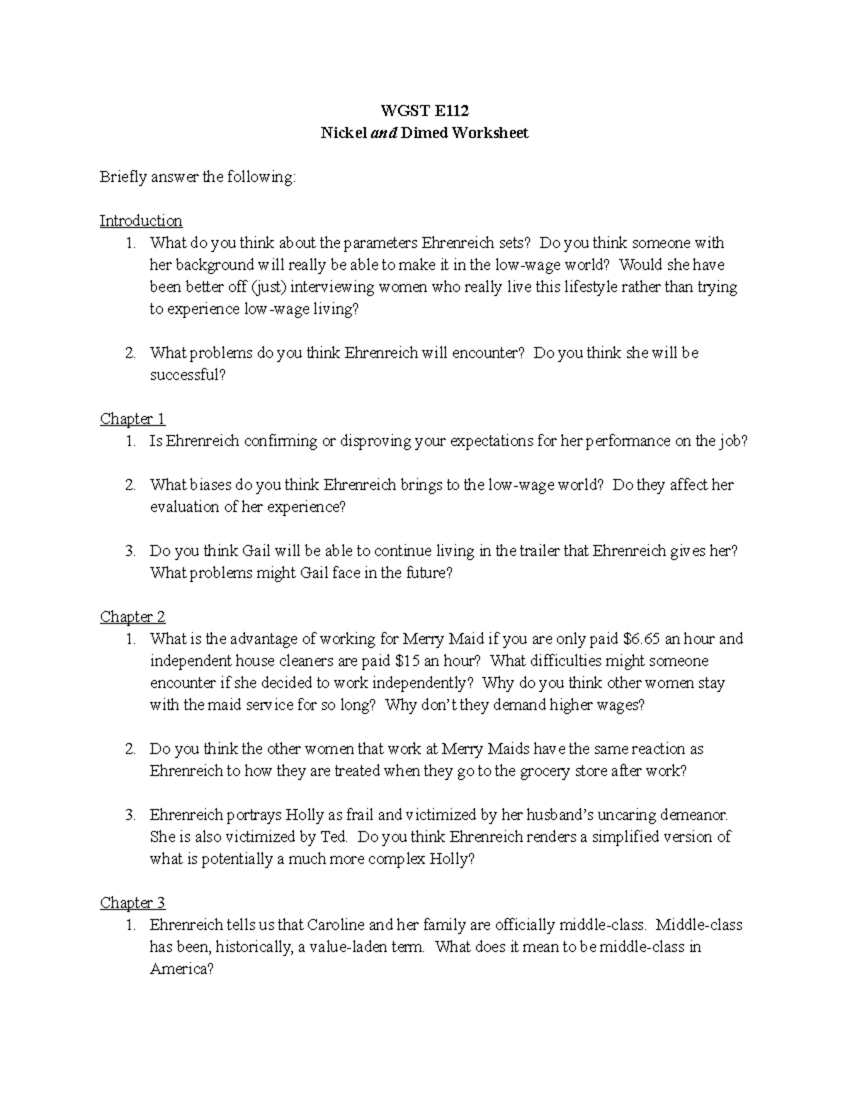 Nickel and Dimed Worksheet WGST E Nickel and Dimed Worksheet Briefly