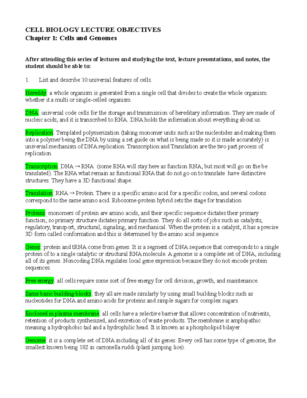 Cell Bio [Chapter 1 Objectives] CELL BIOLOGY LECTURE OBJECTIVES