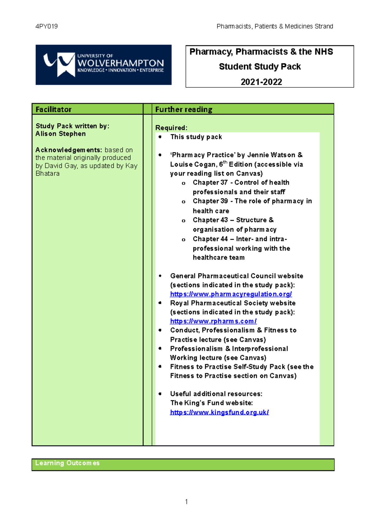 PPM Study Pack Pharmacy, Pharmacists & the NHS 202122 (final)1 Facilitator Further reading