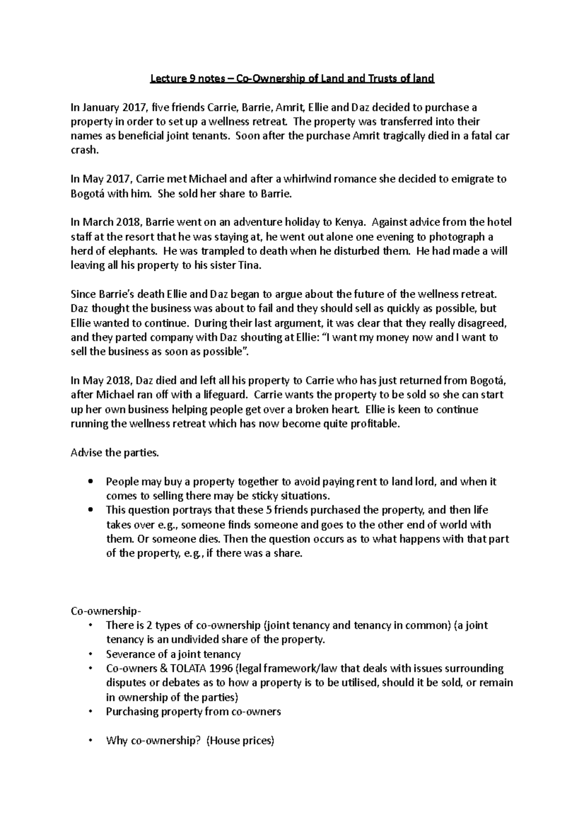 Lecture 9 notes - Co-Ownership and Trusts of Land - Lecture 9 notes ...