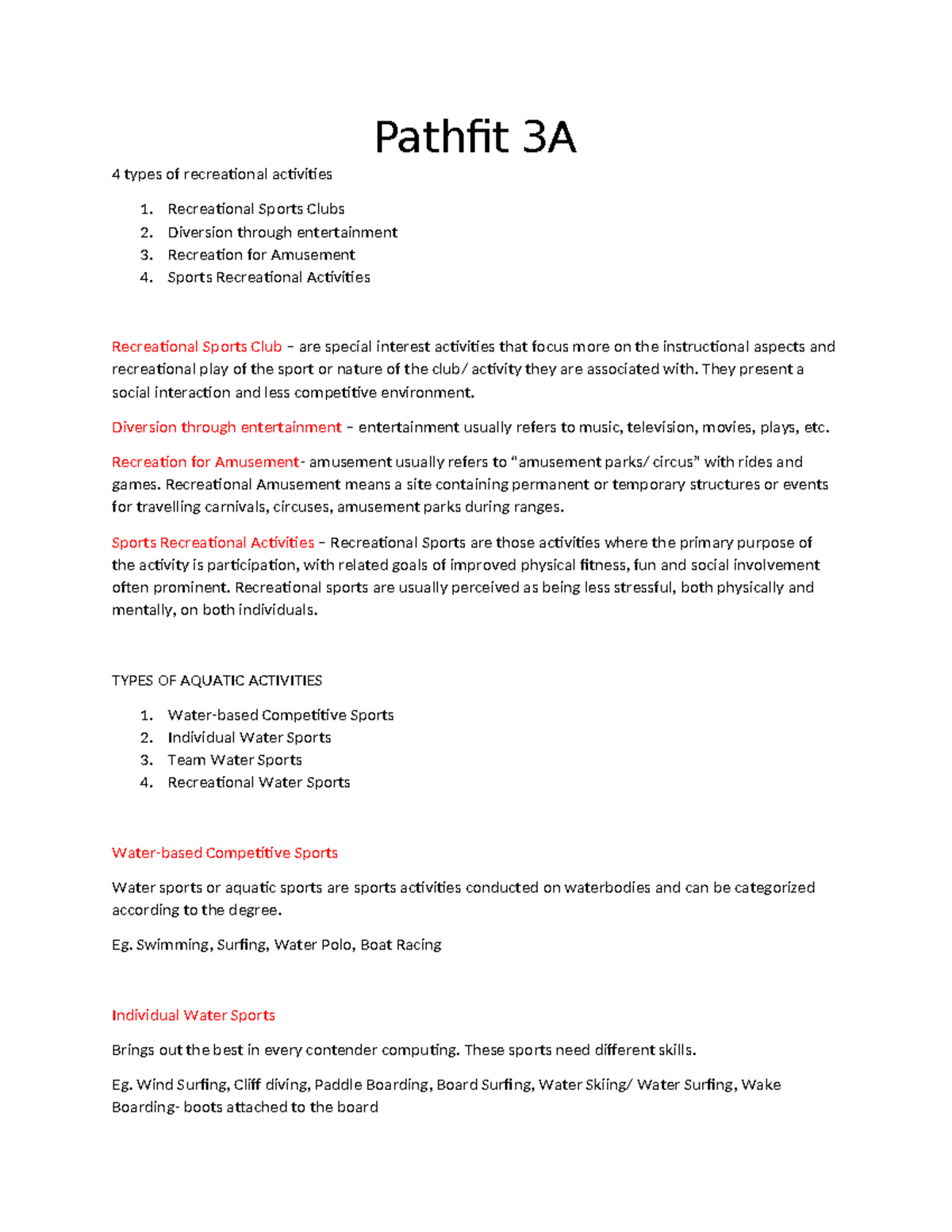 Pathfit 3A notes - Pathfit 3A 4 types of recreational activities 1 ...