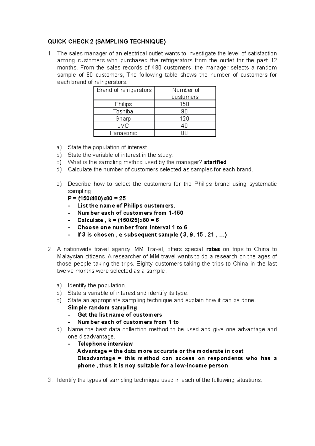 Quick Check 2 ( Sampling Technique) QUICK CHECK 2 (SAMPLING TECHNIQUE