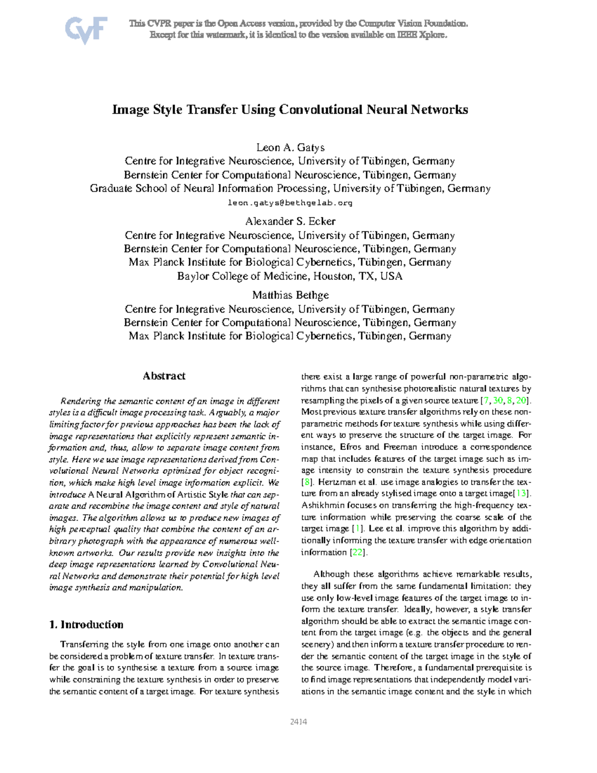 Gatys Image Style Transfer CVPR 2016 paper - Image Style Transfer Using ...